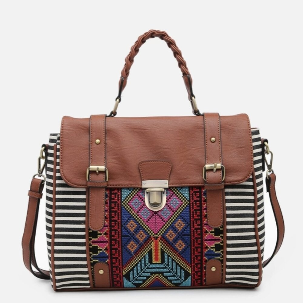 Jen & Co. Harlow Aztec Embroidered Colorful Braided Handel Satchel Shoulder Bag